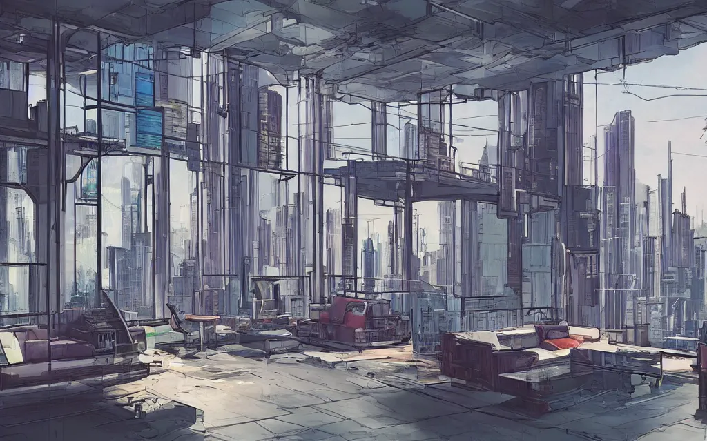 Image similar to cyberpunk loft lounge with tall windows, no people, city in background, drawn by feng zhu