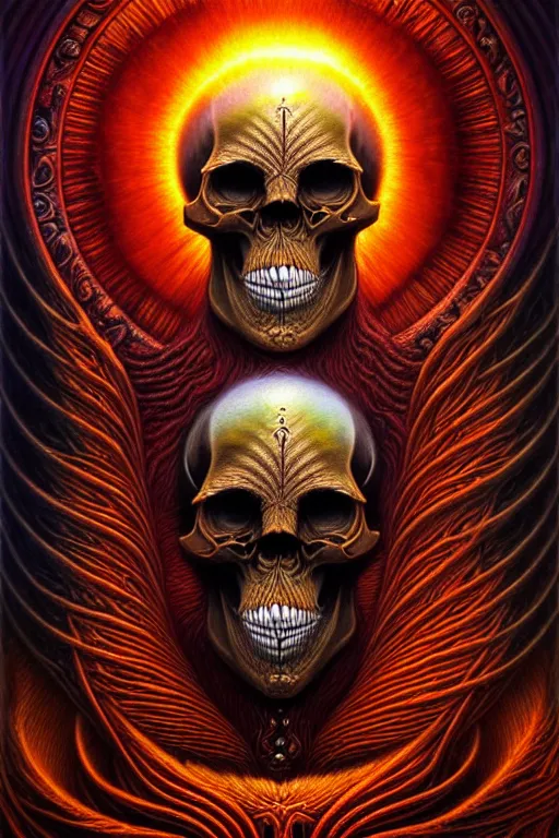 Image similar to A beautiful detailed deeath sun godness, tarot card, by tomasz alen kopera and Justin Gerard, symmetrical features, ominous, magical realism, texture, intricate, ornate, royally decorated, skull, skeleton, whirling smoke, embers, red adornements, red torn fabric, radiant colors, fantasy, trending on artstation, volumetric lighting, micro details, 3d sculpture, ray tracing, 8k, anaglyph effect