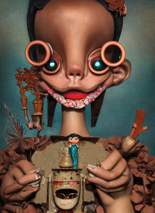 Image similar to closeup portrait of tin toy spring - heeled jack eating cakes, depth of field, zeiss lens, detailed, symmetrical, centered, fashion photoshoot, by nicoletta ceccoli, mark ryden, lostfish, earl nore, hyung tae, frank frazetta, breathtaking, 8 k resolution, extremely detailed, beautiful, establishing shot, artistic, hyperrealistic, octane render