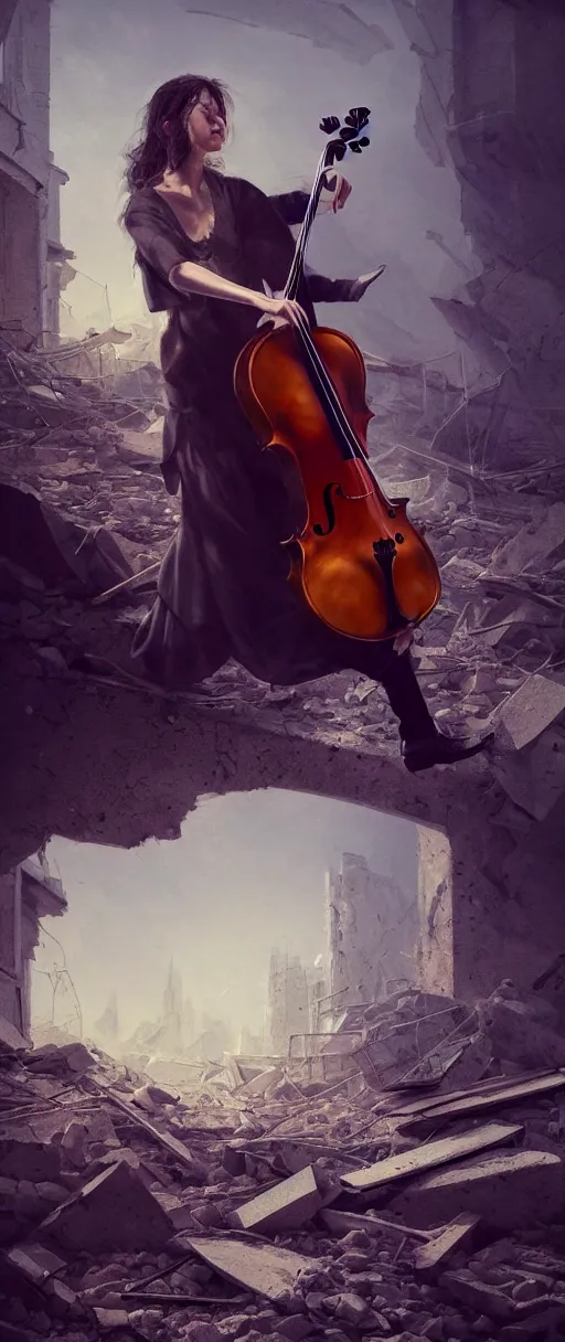 Prompt: a highly detailed portrait of a singular cellist playing in the rubble of a fallen building, beautifully lit, concept art, sharp focus, in the style of steve argyle, artstation HD, octane render