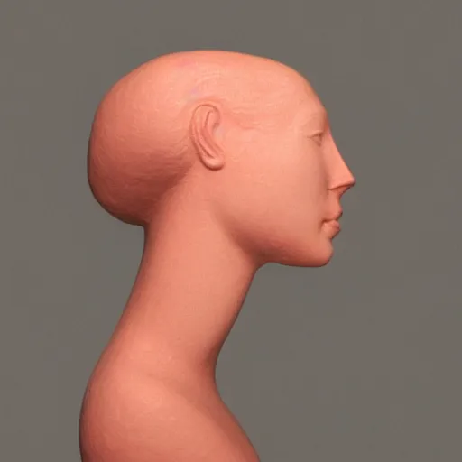 Prompt: sculpture of a woman's face in profile. She has high cheekbones, a strong jawline, and her hair is pulled back away from her face. She stares out at the viewer with a slight smile, her eyes half-lidded and her lips parted. There is a sense of calm and serenity about her. pastel red by Andrea Kowch robust