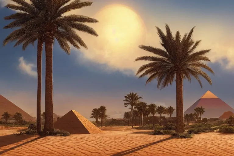 Prompt: beautiful digital painting of an oasis with palm trees, in a large desert landscape, with ancient golden pyramids with carved runes, some clouds on the horizon, by lee madgwick and wlop, 8 k, intricate, cinematic lights, atmospheric effects in the background, octane render, artstation, summer color scheme