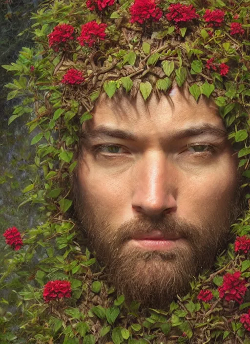 Image similar to a man with a flowery bush instead of a head, intricate roots, highly detailed, concept art, hyperrealistic, oil painting by greg staples, 8 k
