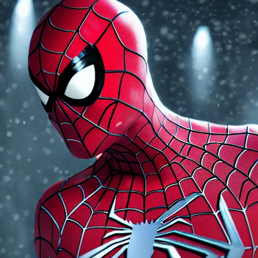 Image similar to Peter Parker as Spiderman , wet face , heavy rain ,dramatic, intricate, highly detailed, concept art, smooth, sharp focus, illustration, Unreal Engine 5, 8K