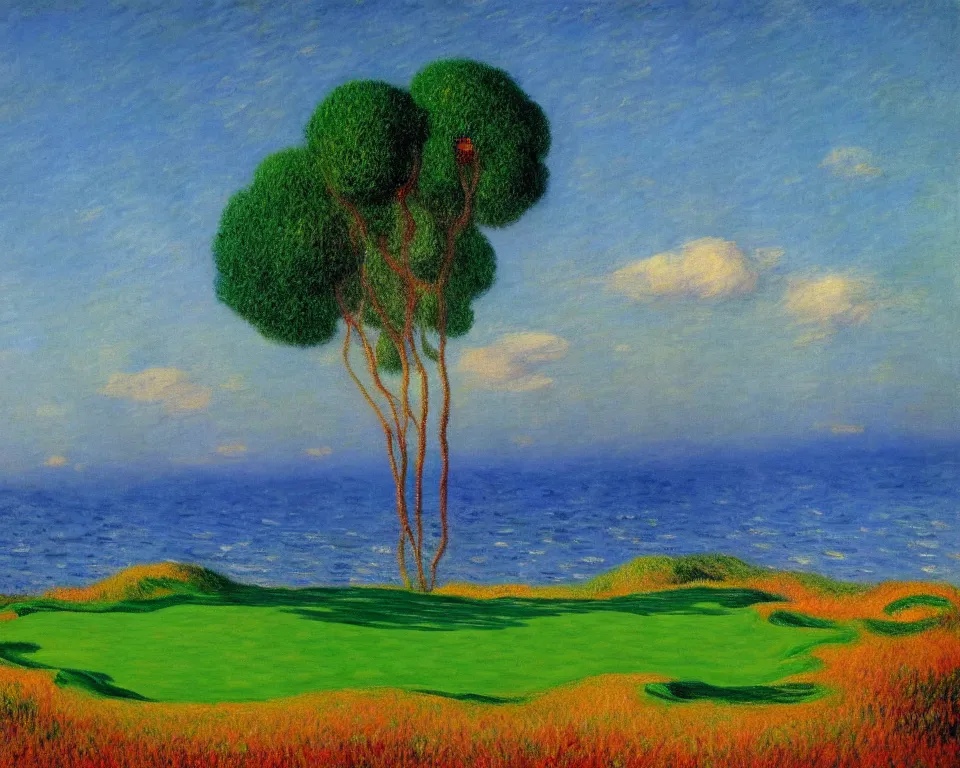 Image similar to achingly beautiful painting of pacific dunes course by rene magritte, monet, and turner.