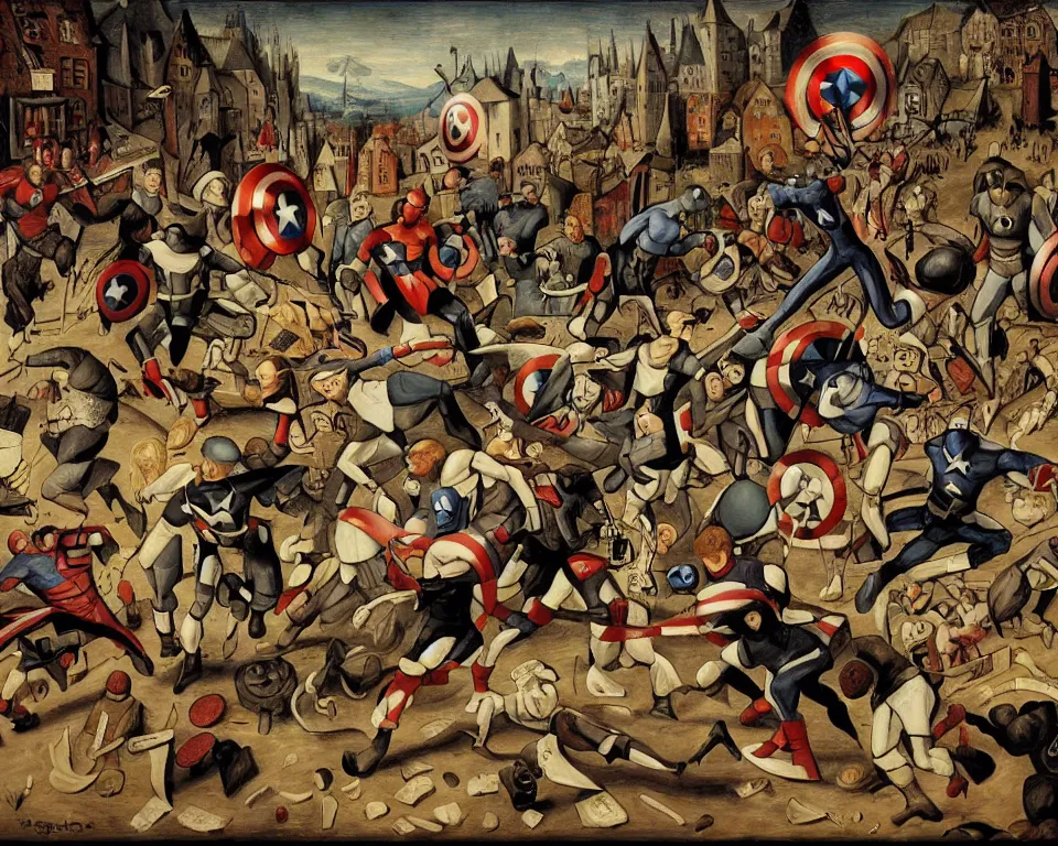 Prompt: the avengers characters art by hieronymus bosh, triumph of death by pieter brueghel