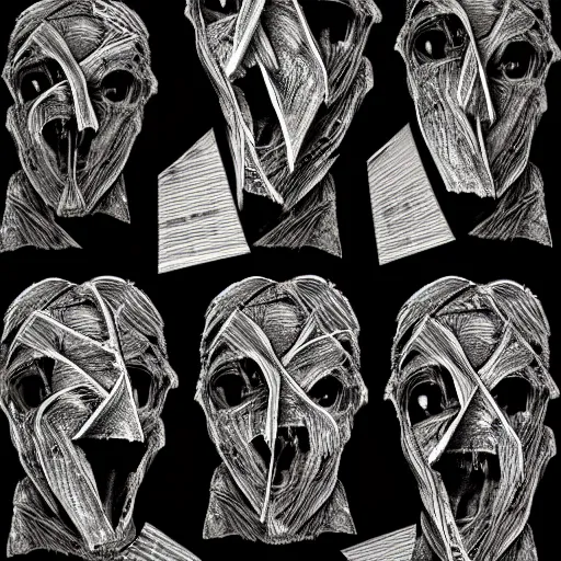 Image similar to multiple faces shredded like paper news, dark horror, surreal, drawing, painting,