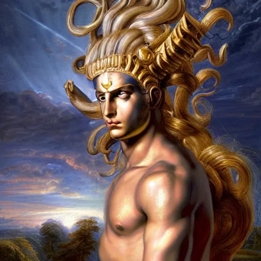 Prompt: beautiful painting of the sun god Apollo as a cyborg with long curly blond hair, full borg cybernetics, in the imperial palace at golden hour, by Peter Paul Rubens and Hajime Sorayama