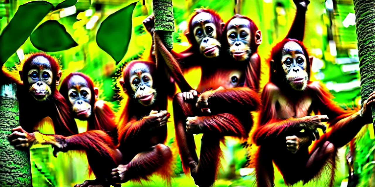 Image similar to graffiti art of baby orangutans playing in the rainforest jin yong