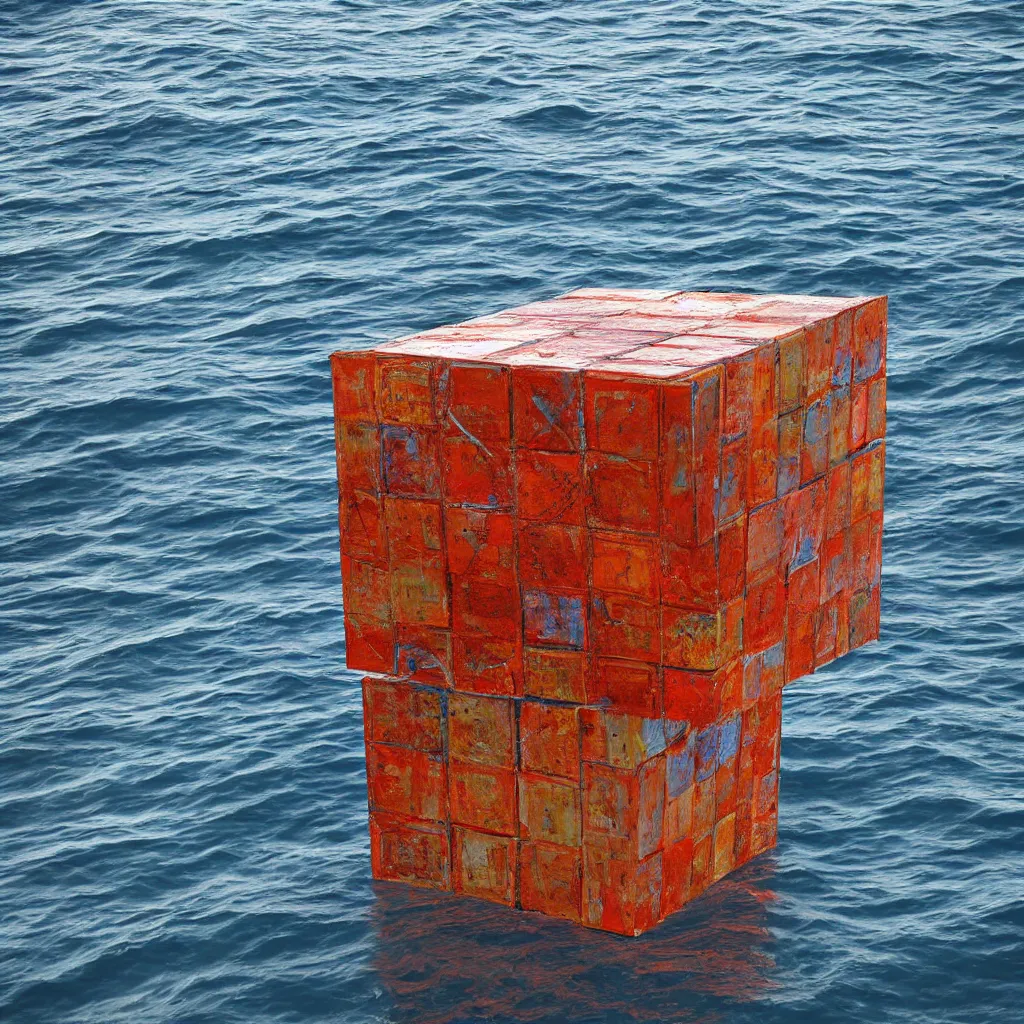 Image similar to an art instillation of a cube in the middle of the ocean, slightly rusting, made by richard sera, 8k photograph, highly detailed