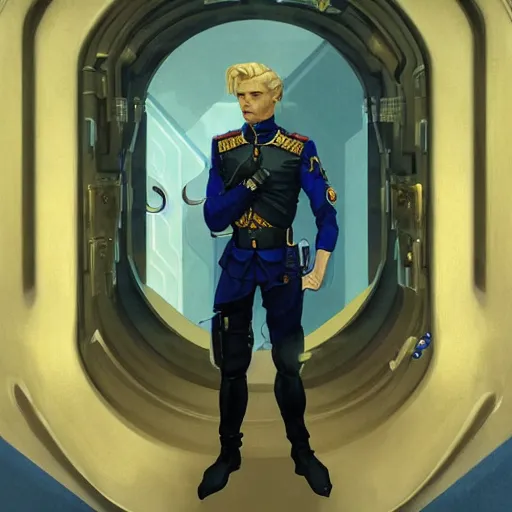 Prompt: portrait of uncannily beautiful blonde man, genetically perfect, with distant expression and piercing blue eyes, wearing fascist Byzantine police uniform and standing in ancient bronze arcology airlock, science fiction concept art by Anato Finnstark, Alphonse Mucha, and Greg Rutkowski