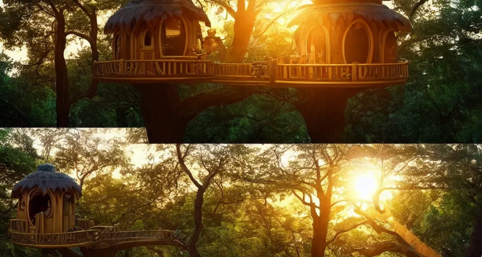 Image similar to A scene from a 2022 fantasy film featuring a cozy art nouveau reading nook inside a fantasy treehouse. A city of treehouses and suspended walkways can be seen outside. Golden Hour. 8K UHD.