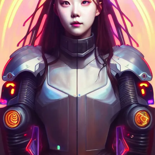 Image similar to portrait painting of cyberpunk chuu from loona as a cheerful smiling mercenary, ultra realistic, concept art, intricate details, eerie, highly detailed, photorealistic, octane render, 8 k, unreal engine. art by artgerm and greg rutkowski and magali villeneuve and alphonse mucha