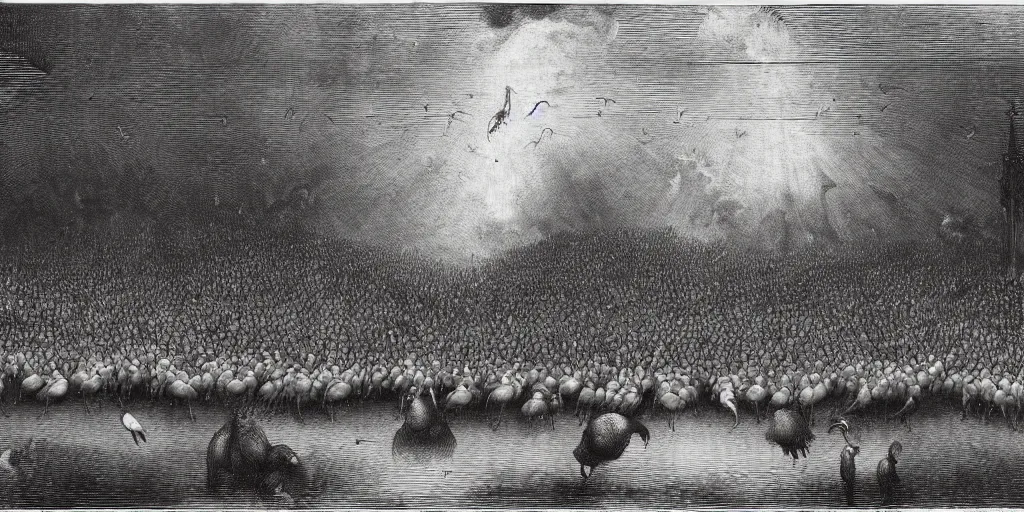 Prompt: gargantuan flock of geese guarding the gates of hell, art by gustave dore, hieronimus bosch