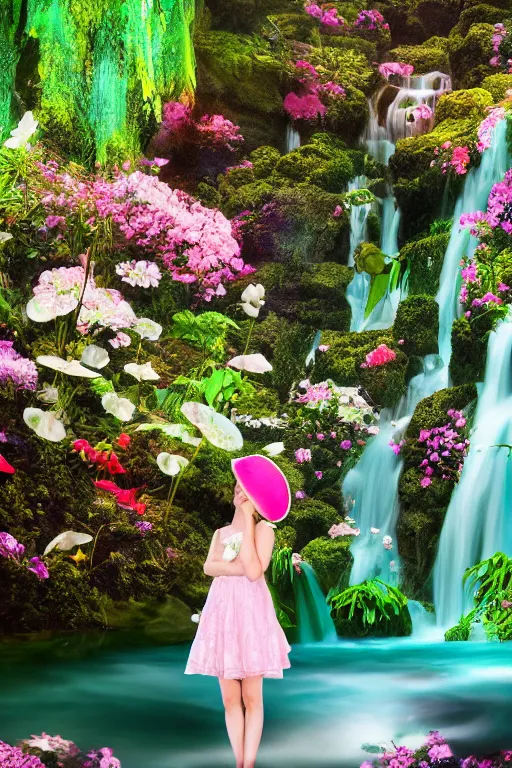 Prompt: girl in flower hat, flower dress, roses, lilies, waterfall cave, water drops, overhead light, japanese carp, 4 k, 8 k