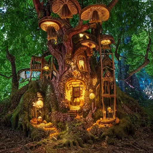 Prompt: art in the style of james gurney and james christinsen and johan grenier, a village carved into the side of a tree, inhabited by elves and faeries, the outside lights are bioluminescent mushrooms and fungi intricately detailed