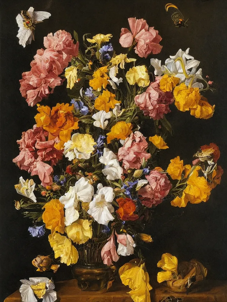 Prompt: painting, Dutch style, old masters, Jan Davidszoon de Heem, still life with flowers, iris, marigold, rose, lilies, butterfly, bees,