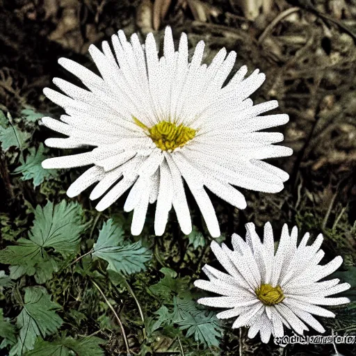 Image similar to white metal chrysanthemum grows from woodland floor vogue tron manga