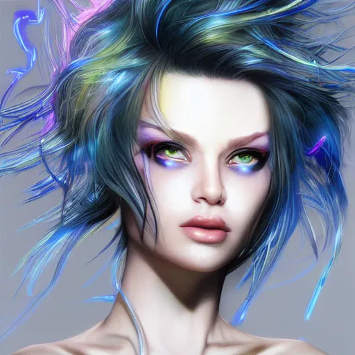 Prompt: electric woman, cute - fine - face, pretty face, oil slick hair, realistic shaded perfect face, extremely fine details, realistic shaded lighting, dynamic background, artgerm, 8 k ultra realistic, highly detailed, yoshitaka amano