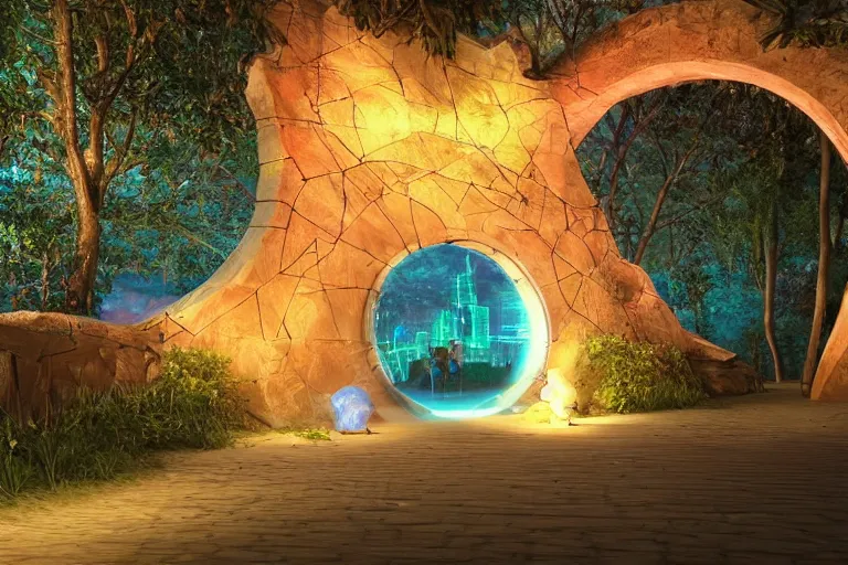 Prompt: a magical glowing portal in the middle of a city that leads to a beach, realistic