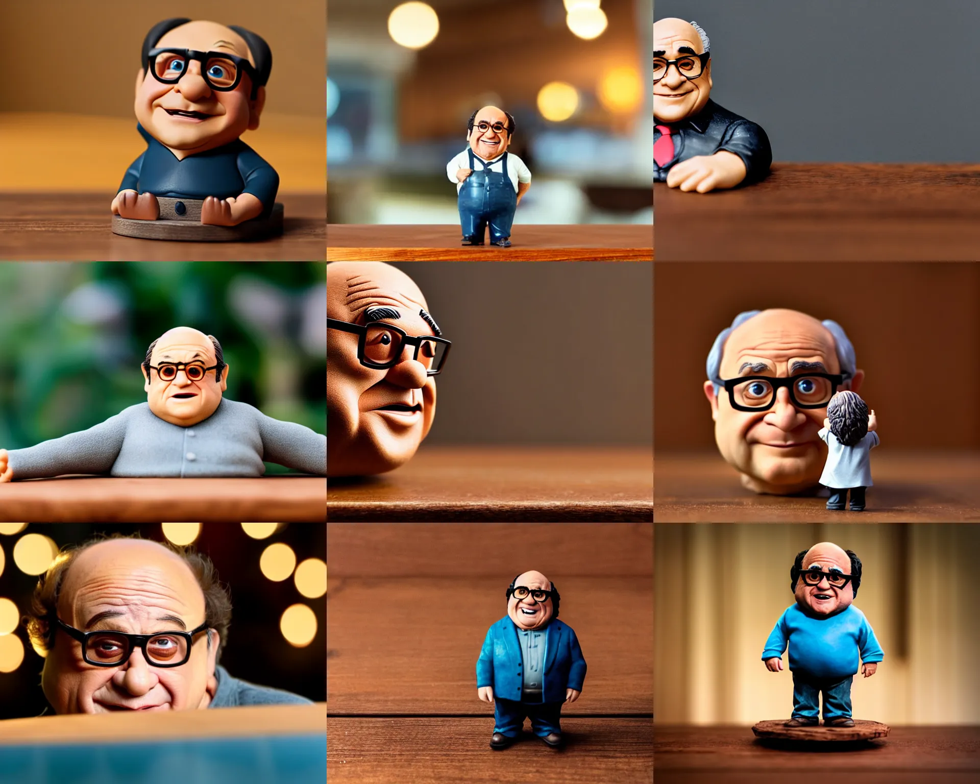 Prompt: danny devito figurine by pixar sad bokeh on wooden table.