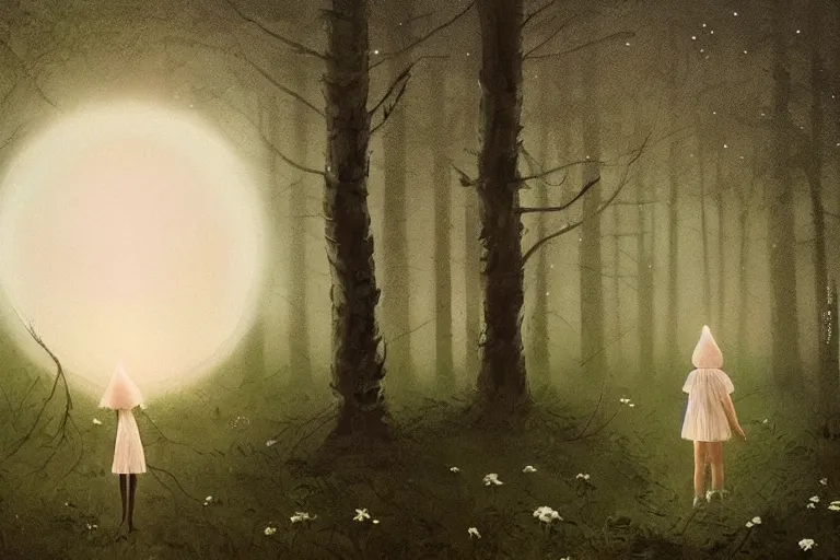 Image similar to giant white daisy flower head, girl walking in dark forest, surreal photography, dark night, stars, moon light, impressionist painting, clouds, digital painting, artstation, simon stalenhag