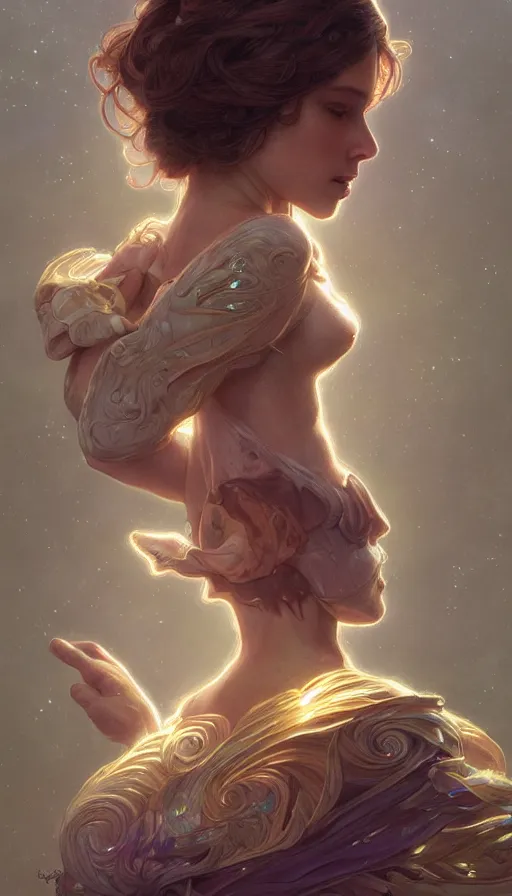 Image similar to small light magical creature, fibonacci, sweat drops, insane, intricate, highly detailed, digital painting, artstation, concept art, smooth, sharp focus, illustration, Unreal Engine 5, 8K, art by artgerm and greg rutkowski and alphonse mucha