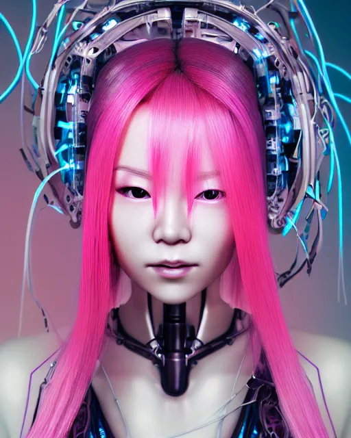 Prompt: portrait of a beautiful japanese woman with pink hair as a cyberpunk cyborg half robot, revealing wires and electronics, hooked - up, sci - fi, missing panels, intricate abstract upper body intricate artwork, concept art, octane render, deviantart, cinematic, key art, hyperrealism, iridescent accents, portrait photograph, nikon 3 5 mm, photograph by greg rutkowski