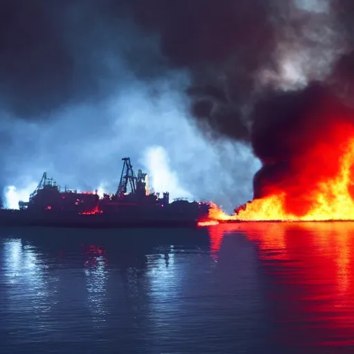 Prompt: big oil tanker on fire, smoke, night, emergency, blue water, cyberpunk, high detail