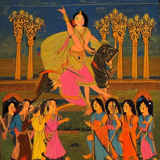 Image similar to woman warrior ascends to godhood. warriors watch in astonishment, holy mughal art painting by govardhan