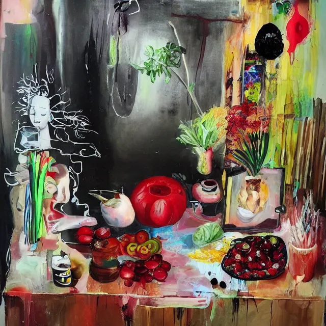Image similar to “ a portrait in a female art student ’ s apartment, sensual, vegetables, art supplies, paint tubes, palette knife, pigs, ikebana, herbs, a candle dripping white wax, squashed berries, berry juice drips, acrylic and spray paint and oilstick on canvas, surrealism, neoexpressionism ”