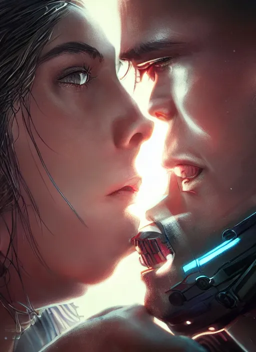 Image similar to ultra realistic close - up of a couple of cyborgs kissing, lovers, cyberpunk, sci - fi, fantasy, kodak, led color, flare, soft light, night, highly detailed, digital painting, concept art, sharp focus, illustration, art by artgerm and greg rutkowski