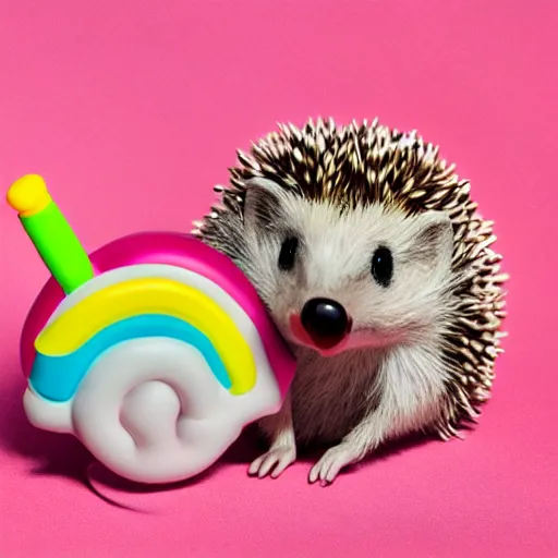 Image similar to a hedgehog sitting on top of an inflatable unicorn bathing toy