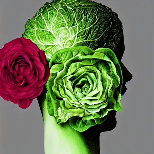 Image similar to the anatomy of a head of lettuce with roses that resemble a beautiful girl, an ultrafine detailed illustration by james jean, intricate linework, bright colors, final fantasy, behance contest winner, vanitas, angular, altermodern, unreal engine 5 highly rendered, global illumination, radiant light, detailed and intricate environment