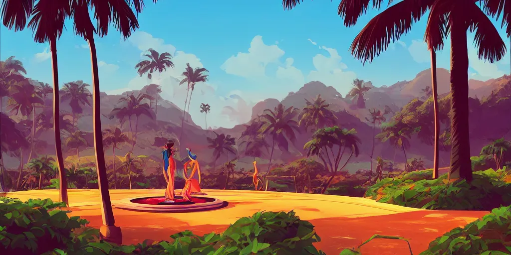 Image similar to casino on top of a hill with palmtrees, game background median photoshop filter cutout vector behance hd by jesper ejsing, by rhads, makoto shinkai and lois van baarle, ilya kuvshinov, rossdraws, illustration, art by ilya kuvshinov and gustav klimt