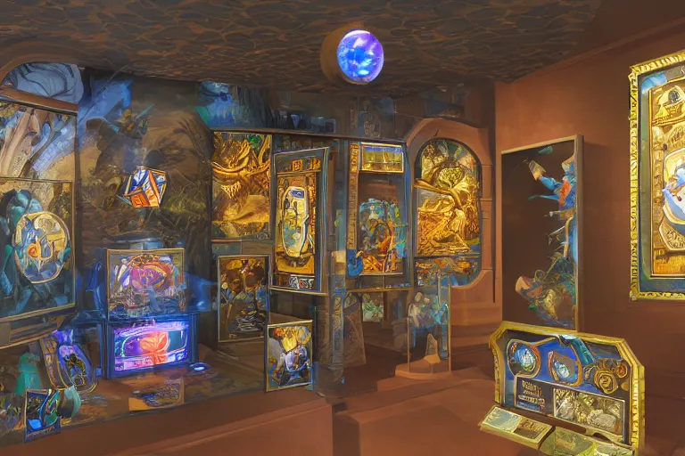 Prompt: museum of ancient hermetic play and board game video vidya game studies holographic gallery display arcade