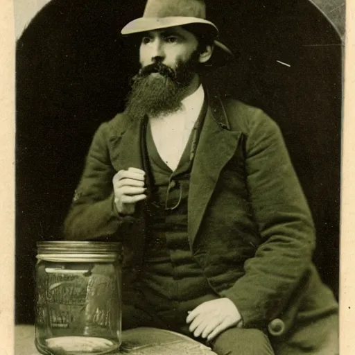 Prompt: 1870s bearded man in green waistcoat holding specimen jar which contains a platypus