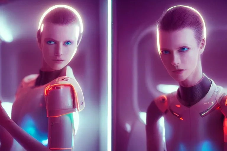 Prompt: VFX movie of a futuristic cyborg space woman model gorgeous portrait in future spaceship, beautiful natural skin neon lighting by Emmanuel Lubezki