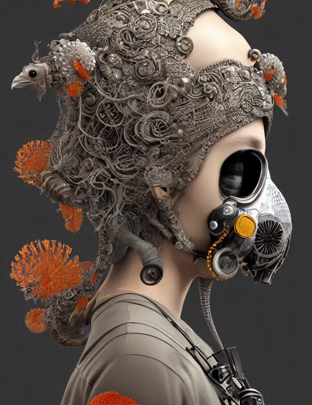 Image similar to 3 d goddess close - up profile portrait with vintage gas mask ram skull. beautiful intricately detailed japanese crow kitsune mask and clasical japanese kimono. betta fish, jellyfish phoenix, bio luminescent, plasma, ice, water, wind, creature, artwork by tooth wu and wlop and beeple and greg rutkowski