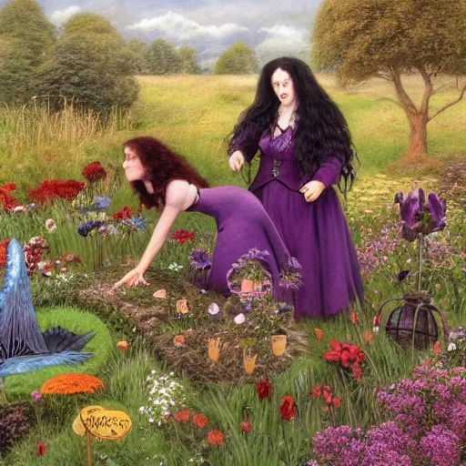 Image similar to hagrid the viking and morticia addams frolicking in a field of various flowers, fairy garden, masterpiece, highly detailed, oil on canvas, art by james gurney, graeme base, brian froud, alan lee