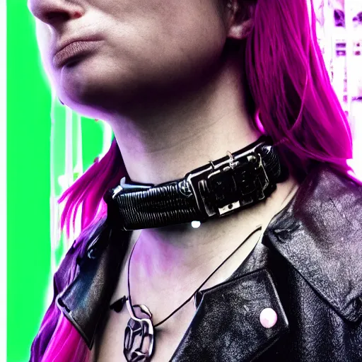 Image similar to detailed realistic cyberpunk female character cyberpunk wearing steel collar around neck, realistic, art, beautiful, 4K, collar, choker, collar around neck, punk, artstation, detailed, female, woman, choker, cyberpunk, neon, punk, collar, choker, collar around neck, thick collar, choker around neck, wearing choker, wearing collar, bright neon punk hair,