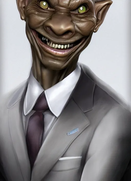 Image similar to a hyper realistic portrait of a smiling male alien in a suit for advertisement, artstation