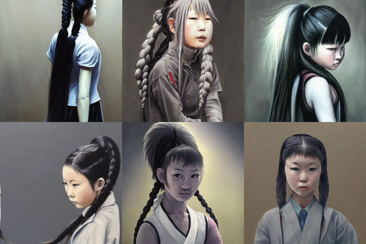 Prompt: a detailed grey horror sci-fi painting of a japanese school girl with long twin pony-tails, by H. R. geiger