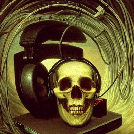 Image similar to a painting by Thomas Cole of a skull wearing headphones connected with many wires and coords to an old computer terminal, highly detailed