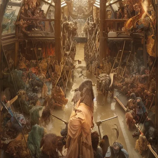 Image similar to an extremely detailed matte painting of the animals boarding noah's ark, 4 k, noah from the bible as a wizard, antediluvian, art by artgerm and greg rutkowski and alphonse mucha, in the style of epic fantasy