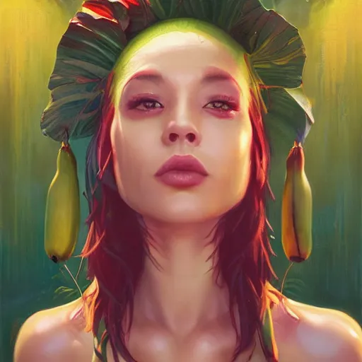 Image similar to portrait of a banana woman ( 3 5 ) from banana palm in 2 0 2 1, an oil painting by ross tran and thomas kincade