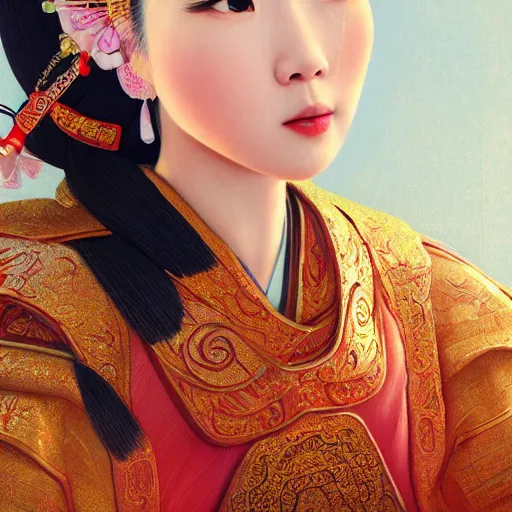 Prompt: hyper realism portrait of Chinese princess by Zhong, Fenghua and Ohara, Koson, stunning, detailing, artstation trending, perfect lighting, golden hour, face detailing