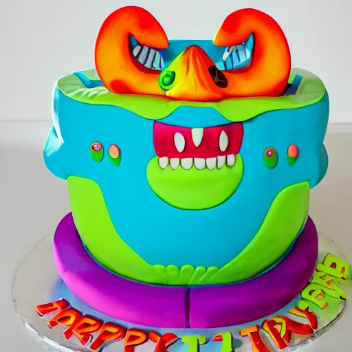 Prompt: grotesque slimy nightmare monster opens its mouth revealing a colorful birthday cake