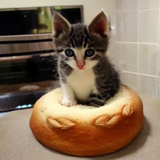 Image similar to kitten living inside a bread, hyper detailed