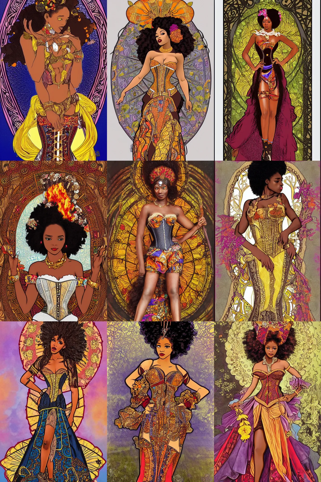Prompt: beautiful african princess wearing corset with afro on fire, inspired by therarda art, border and embellishments inspired by flowers and alphonse mucha
